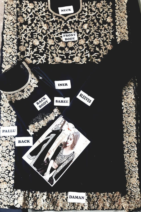 Black and gold saree with labeled parts and a model image on a textured surface.