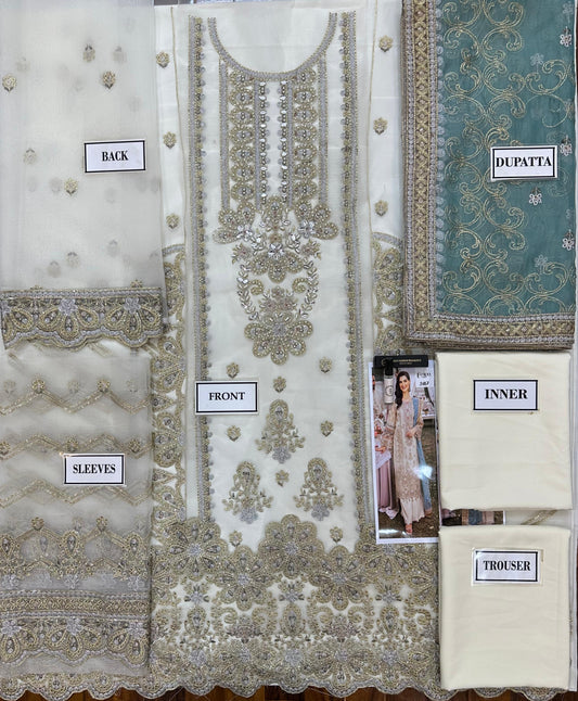 Embroidered fabric with labels indicating different parts of a garment