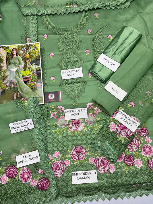 Aneela Wz 21 Green Premium Pure Organza Chikankari 2025