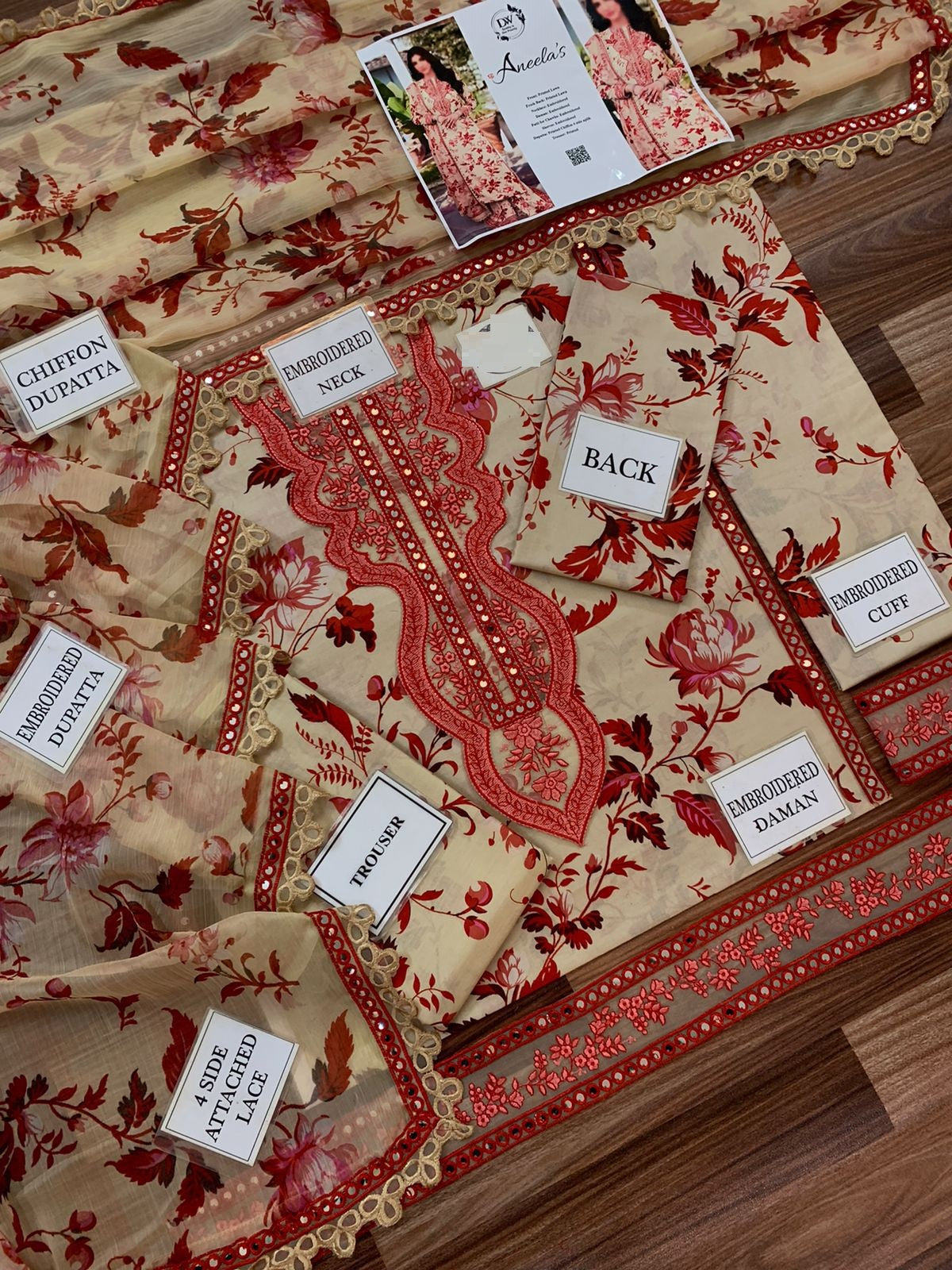 Aneela’s Red & Lilac 2 Color's Hit Code Wz-039 Premium Pure Luxury Lawn Emb With Chiffon Emb Duppata 25