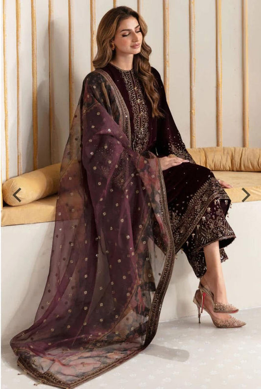 BAroque Jazmin Velvet Dress 2025 Woman in a MEhroon embroidered outfit sitting on a bench.