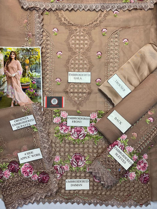 Aneela Wz 212 Peach Premium Pure Organza Chikankari 2025