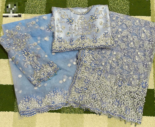 Maria b Wz=03 Bridal Beautiful Saree Exclusive Light Sky Blue Net Fabric 2025