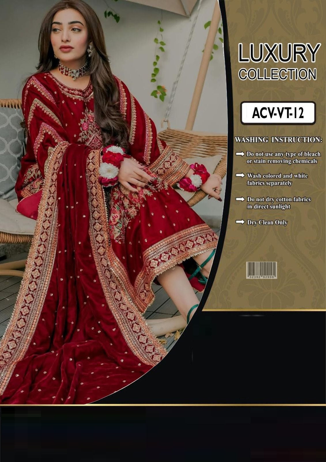 Woman in a red embroidered dress with a 'Luxury Collection' label on the right.