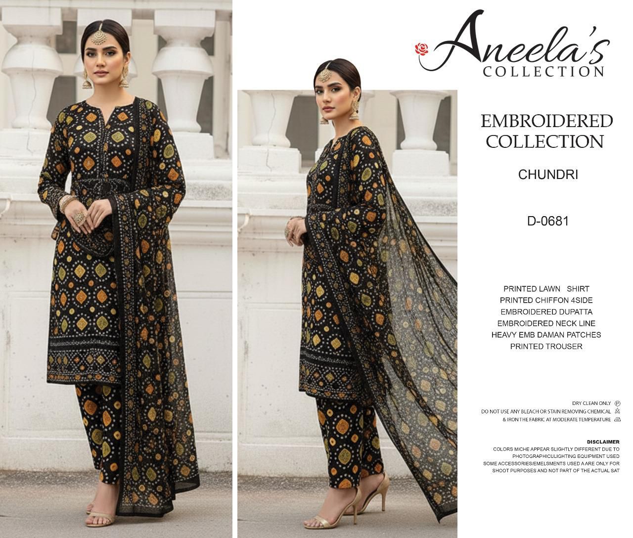 Aneela's D-881 Chundri Dress embroidered outfit with a white architectural background, featuring Aneela's Collection branding.