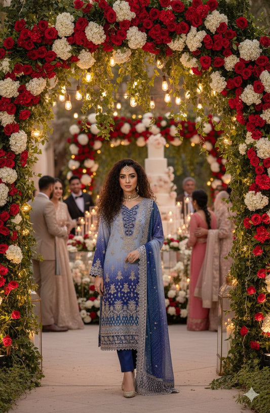 Brand Emaan Adeel blue embroidered outfit standing under a floral arch with people in the background.