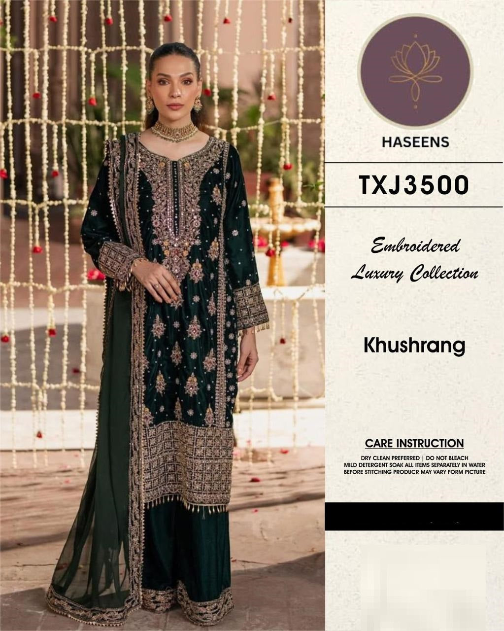 Woman wearing an embroidered traditional outfit with Haseens branding on a decorative background.