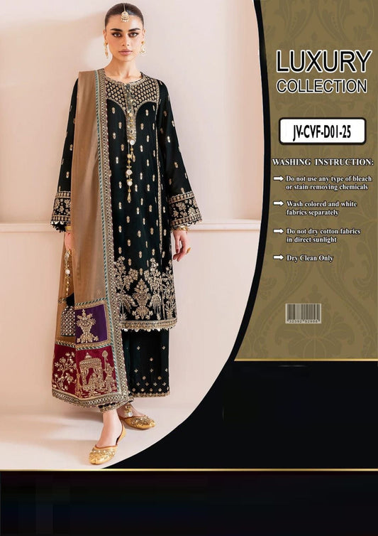 JAzmin VElvet Chandni an embroidered traditional outfit with a 'Luxury Collection' label on the right.