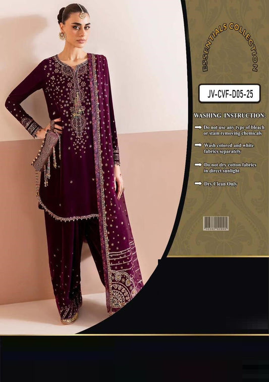 JAzmin Chandni Maroon Velvet raditional outfit with a matching dupatta, displayed against a beige background.