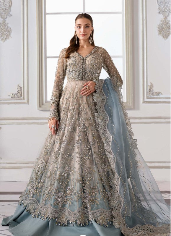 MAria b BRidal MAxi a silver and blue embroidered traditional gown standing in a decorated room.