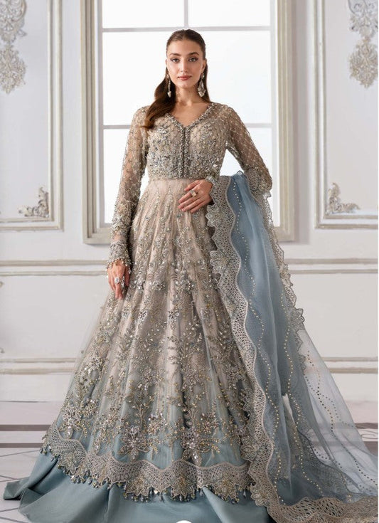 MAria b BRidal MAxi a silver and blue embroidered traditional gown standing in a decorated room.