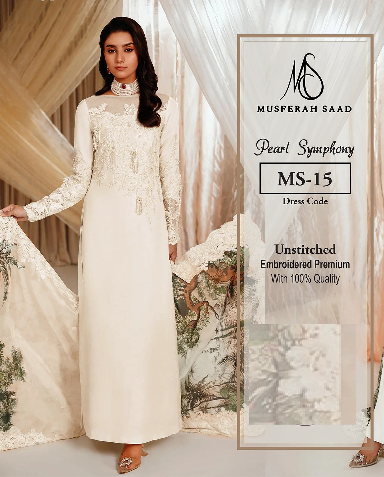 Woman wearing a white embroidered dress with 'Musferah Saad' branding and product details.