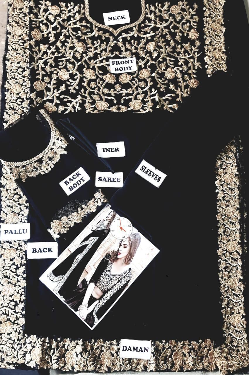 Black and gold saree with labeled parts and a model image on a textured surface.