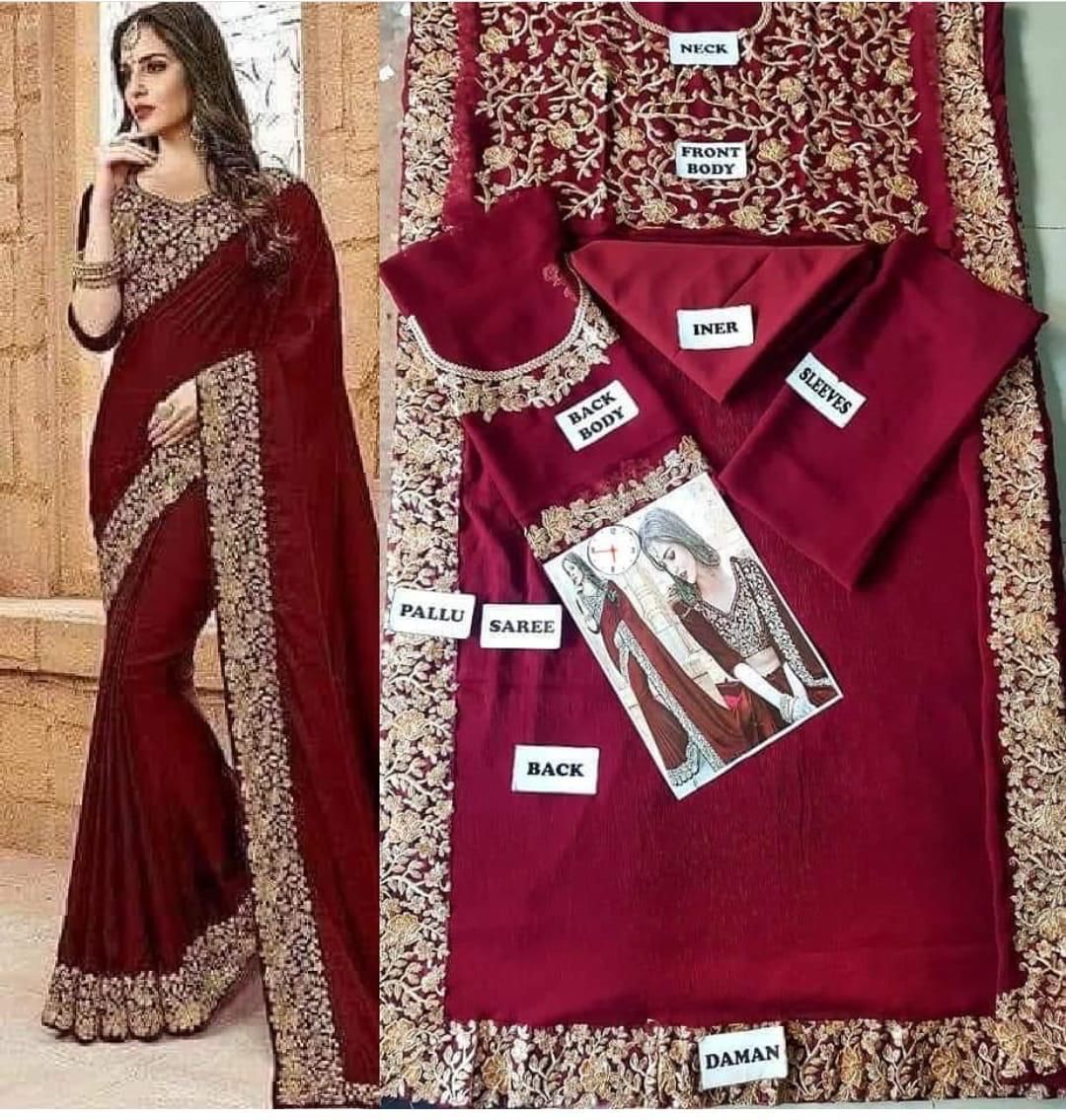 Maroon saree with gold embroidery and its components labeled.