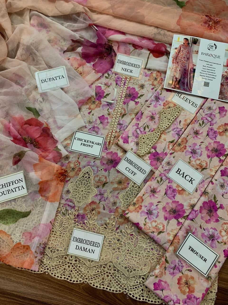 Floral fabric with embroidered details and labels indicating different parts of a garment.