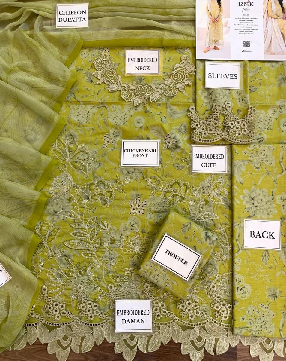 Iznik EFL-08 Premium Pure Lawn Dress Lemon Demanding Design 2025