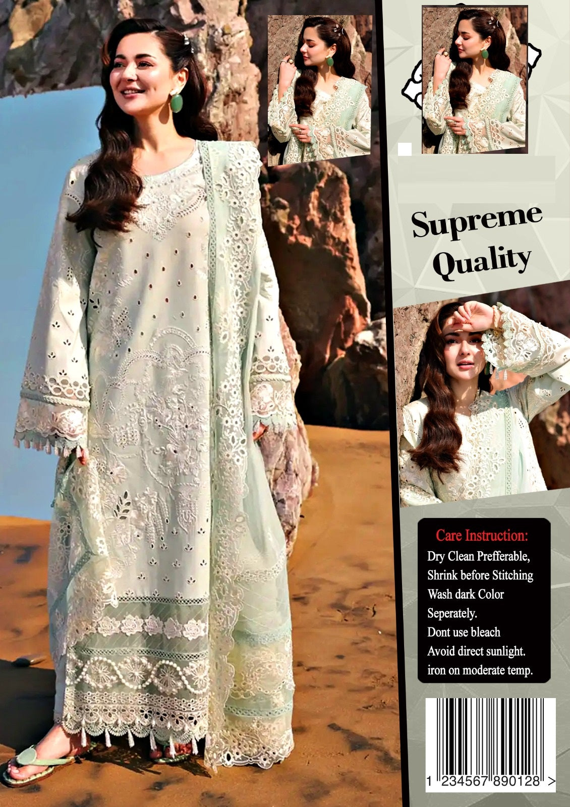 Woman wearing a light-colored embroidered outfit with desert landscape in the background