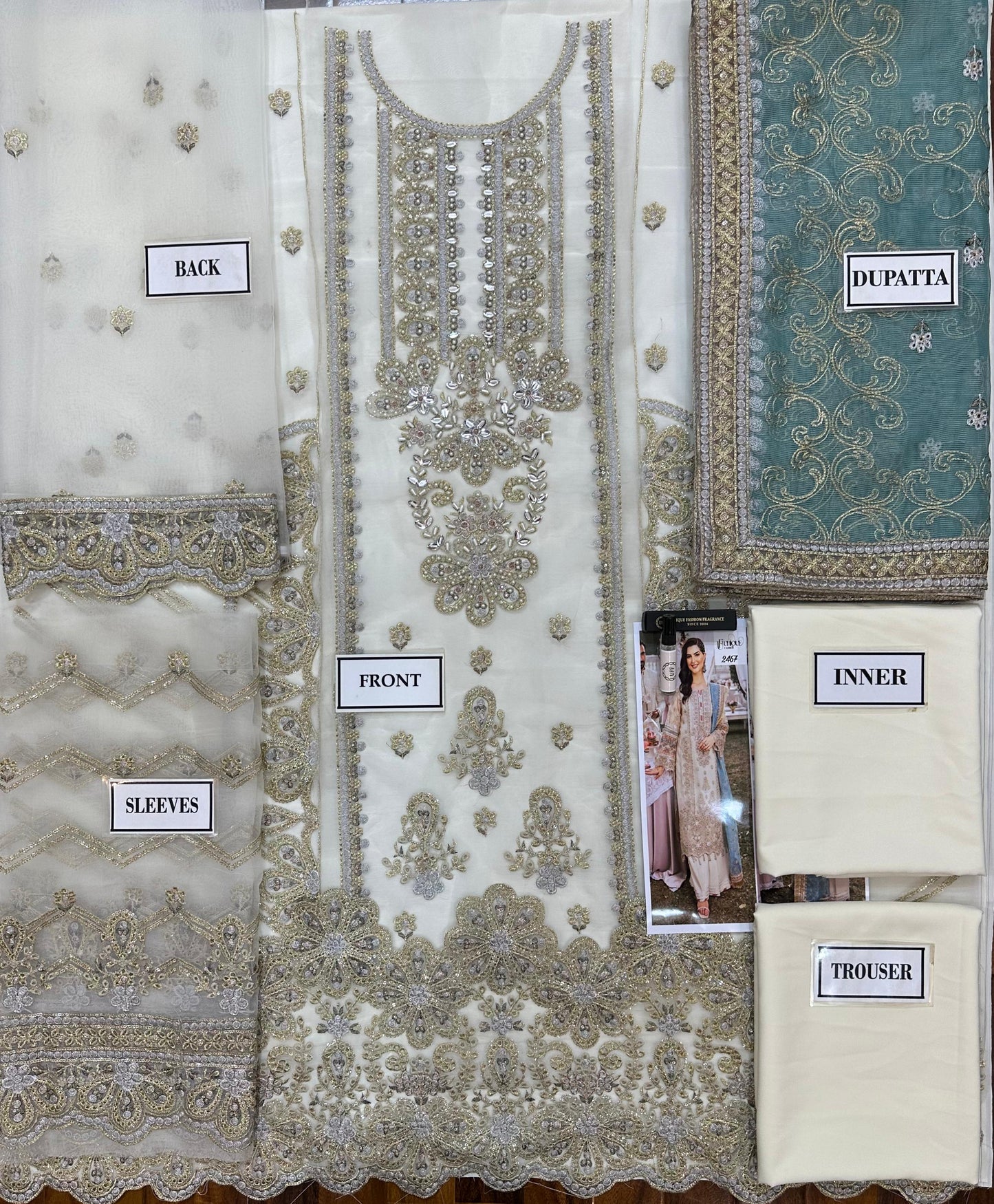Embroidered fabric with labels indicating different parts of a garment