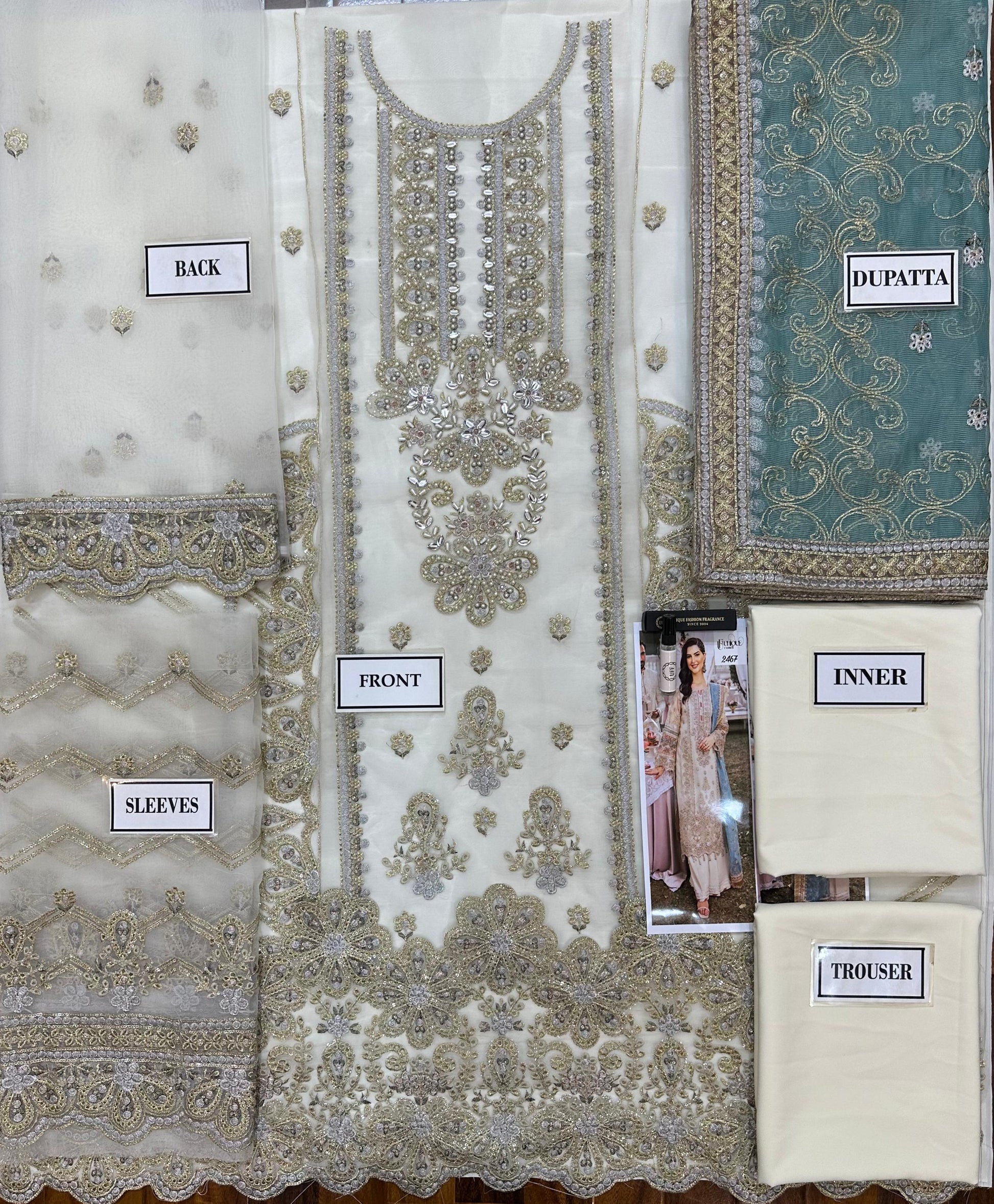 Embroidered fabric with labels indicating different parts of a garment