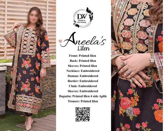 Aneela Woman wearing a floral embroidered dress with detailed text on a white background