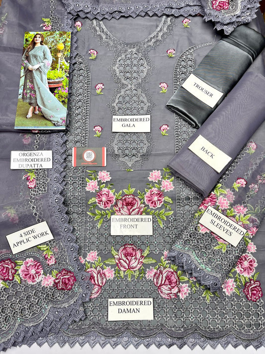 Aneela Wz 21 Gray Premium Pure Organza Chikankari 2025