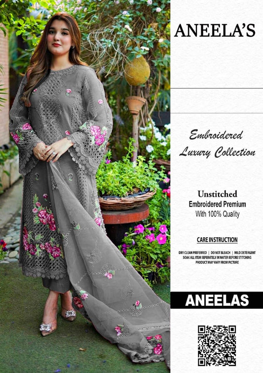 Aneela Wz 21 Gray Premium Pure Organza Chikankari 2025