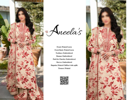 Woman wearing a red and white floral traditional outfit with 'Aneela's' branding.