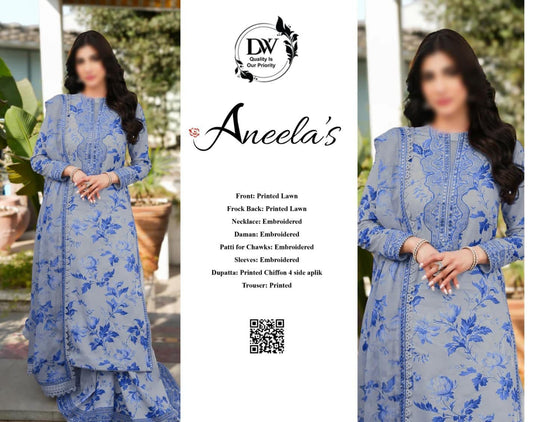 Woman wearing a blue embroidered traditional outfit with 'DV' and 'Aneela's' branding.