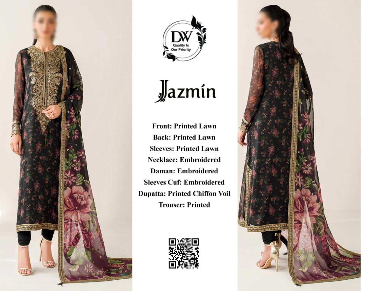 Jazmin PArty Wear Woman wearing a traditional outfit with floral patterns and embroidery, featuring the brand 'DW'.
