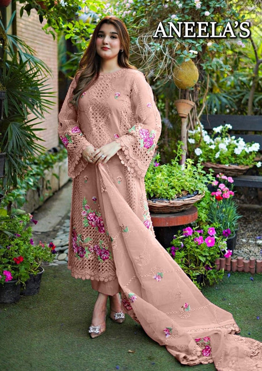 Woman in a peach embroidered outfit standing in a garden with 'ANEELA'S' branding.
