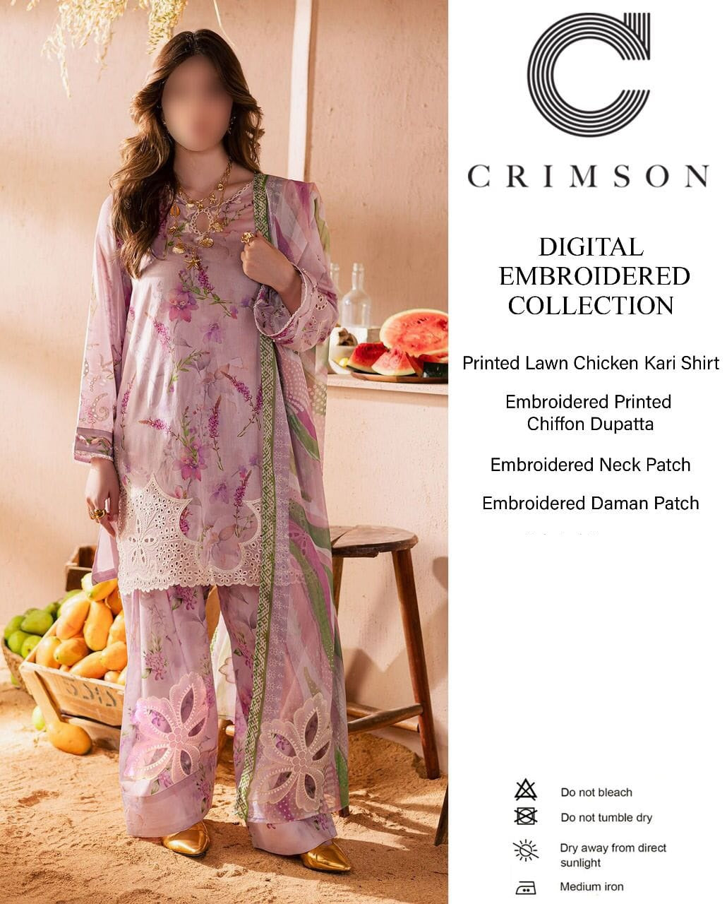 Woman wearing a pink embroidered outfit with 'Crimson' branding on the side.