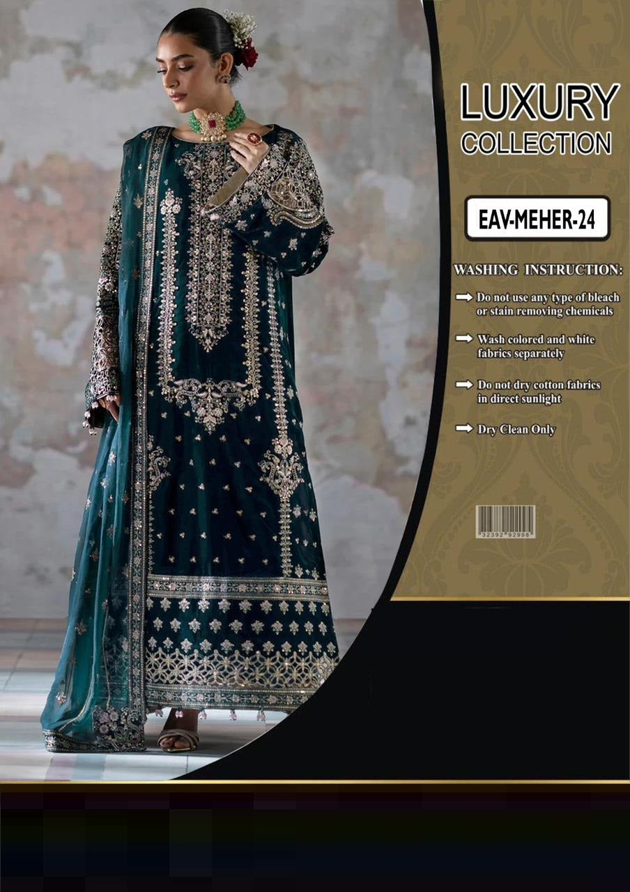 Emaan Adeel Eav Meher Velvet wearing a traditional embroidered outfit with a 'Luxury Collection' label on the right.