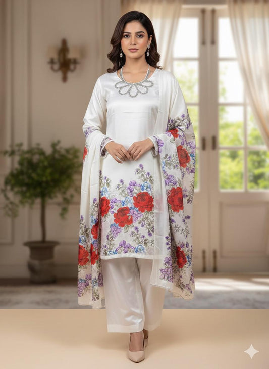 Khaadi White Most Demanding Silk Dress wearing a white outfit with floral patterns in a well-lit room.