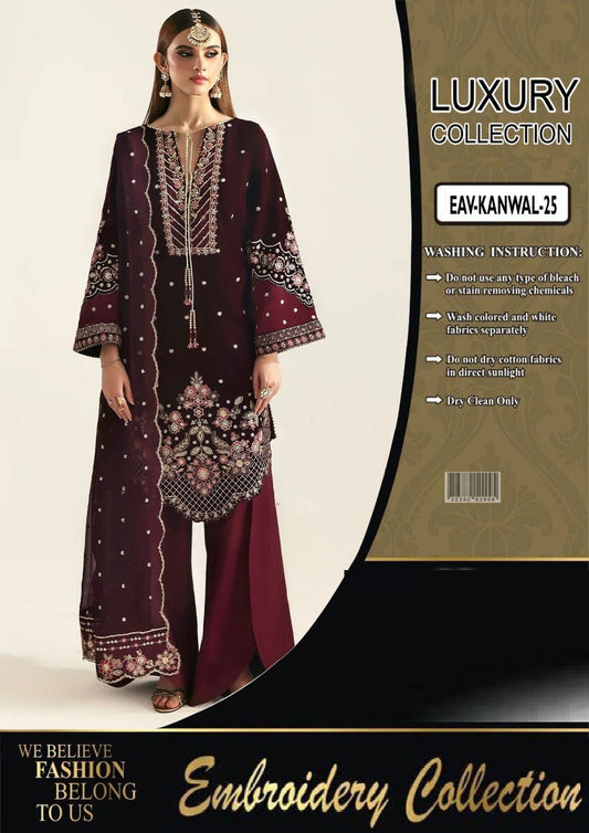 Emaan Adeel Eav KAnwal Luxury embroidery collection dress with packaging on a light background