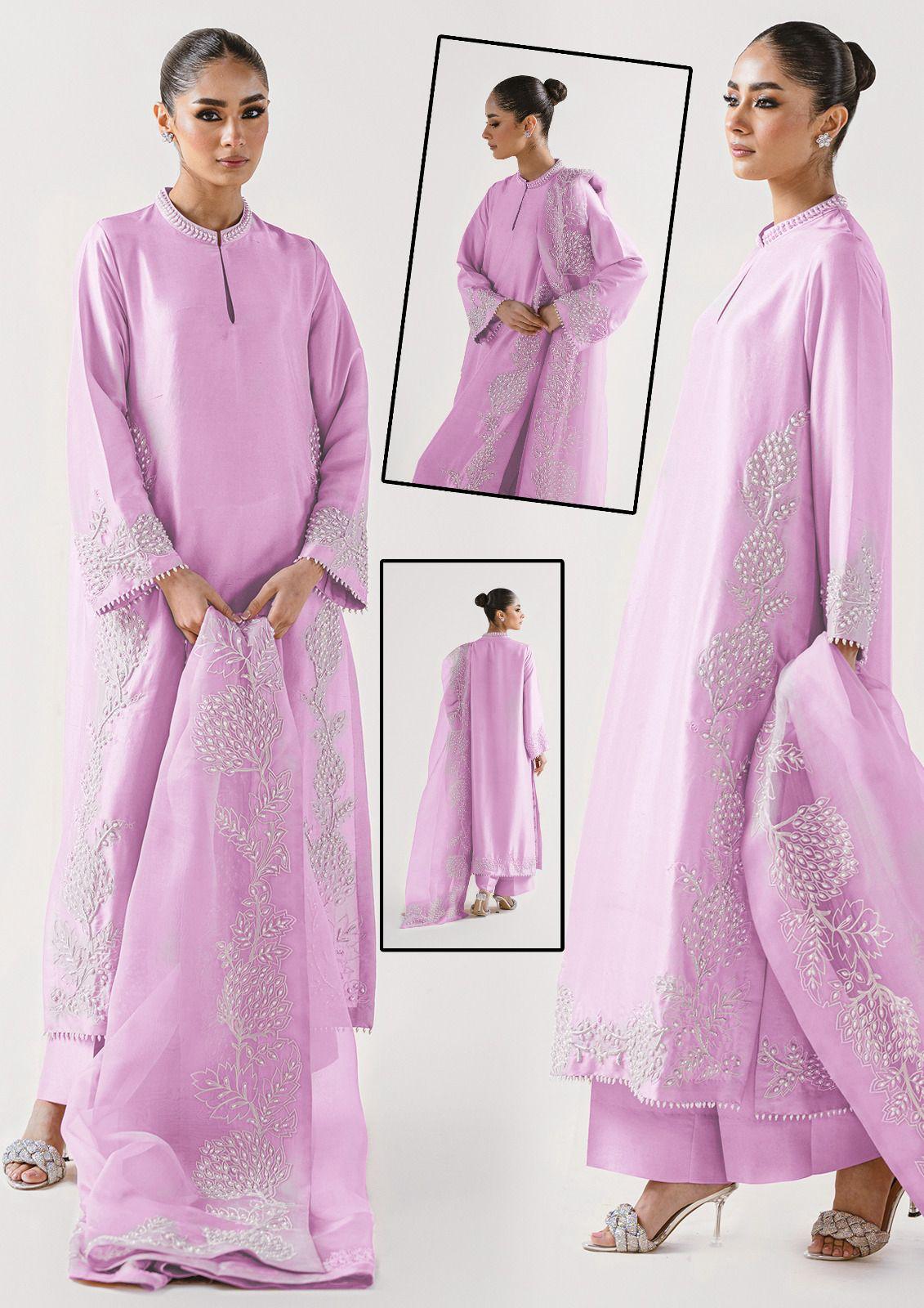 Zahvia Pink Silk dress with lace details, shown from multiple angles on a white background