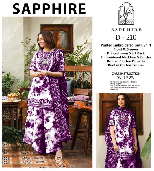 Sapphire Beautiful Design D-210 Purple Luxury Pure Lawn Embroidered Dress 2025