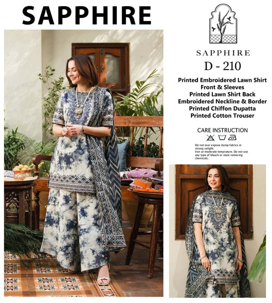Sapphire Beautiful Design D-210 3 Colors Luxury Pure Lawn Embroidered Dress 2025